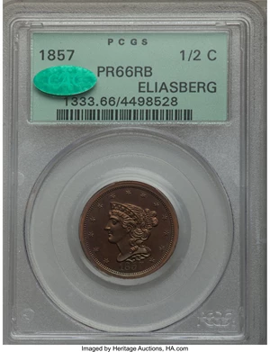 image for: 1857 1/2 C B-2, R.4, PR66 Red and Brown PCGS. CAC....