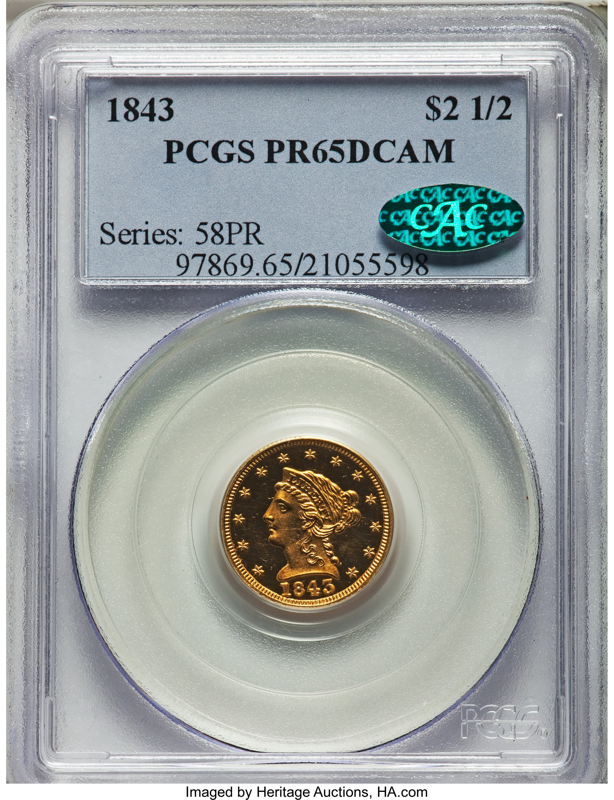 image for: 1843 $2 1/2 PR65 Deep Cameo PCGS. CAC....
