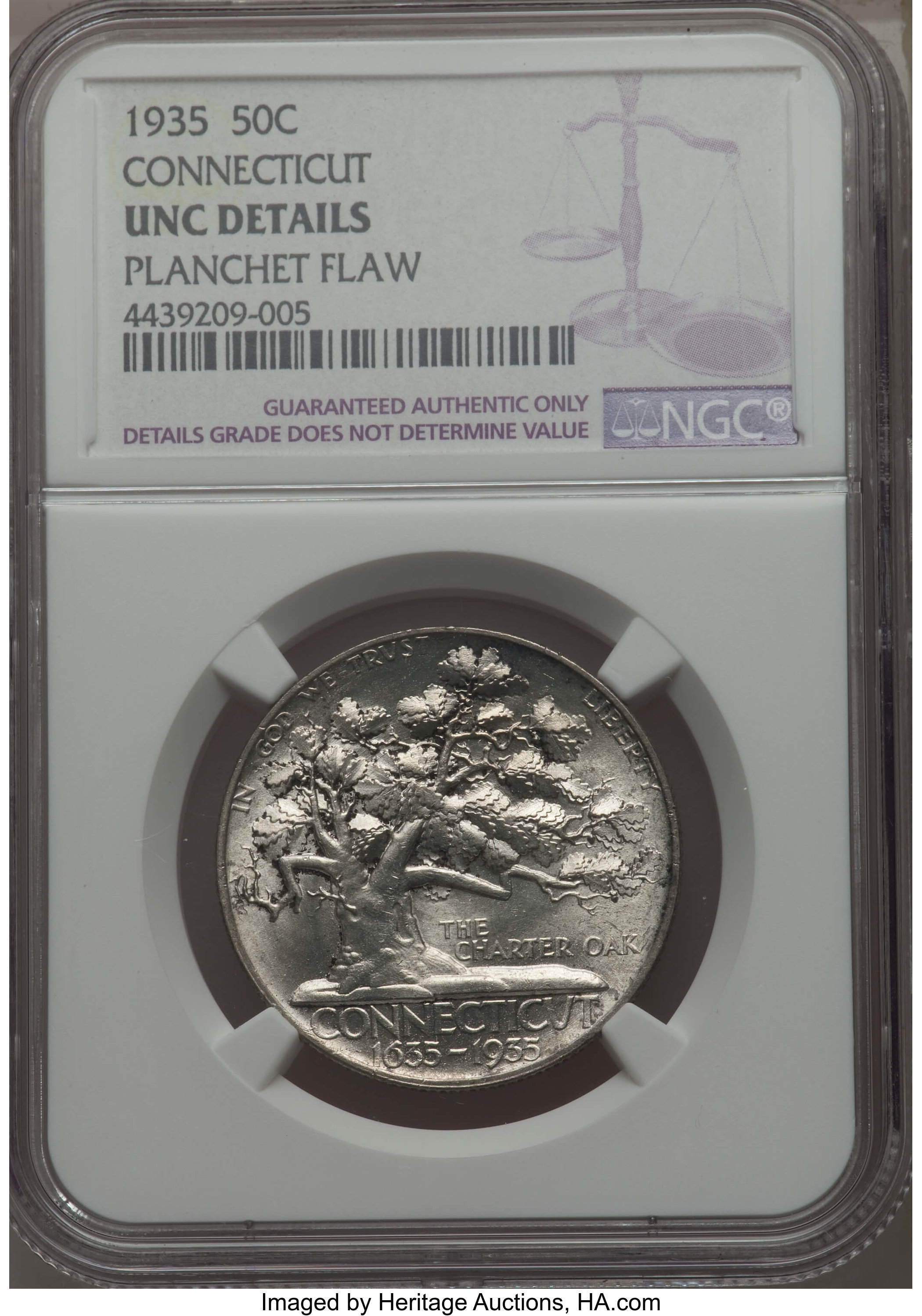 1935 50C Connecticut -- Planchet Flaw -- Details NGC. UNC. NGC Census: (1/3436). PCGS Population: (14/4708). CDN: $180 Whsl...
