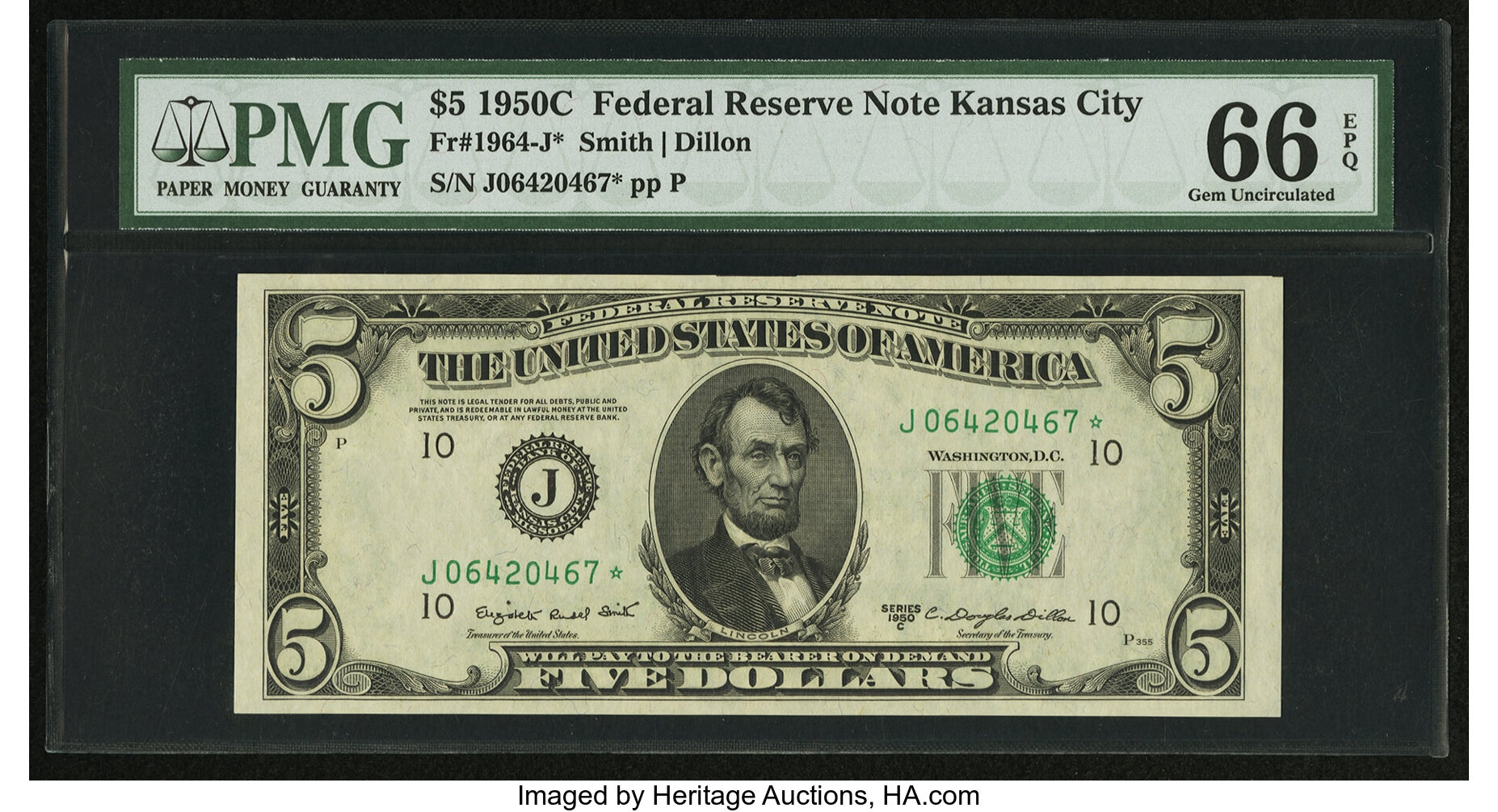 image for: Fr. 1964-J* $5 1950C Federal Reserve Note. PMG Gem Uncirculated 66 EPQ....