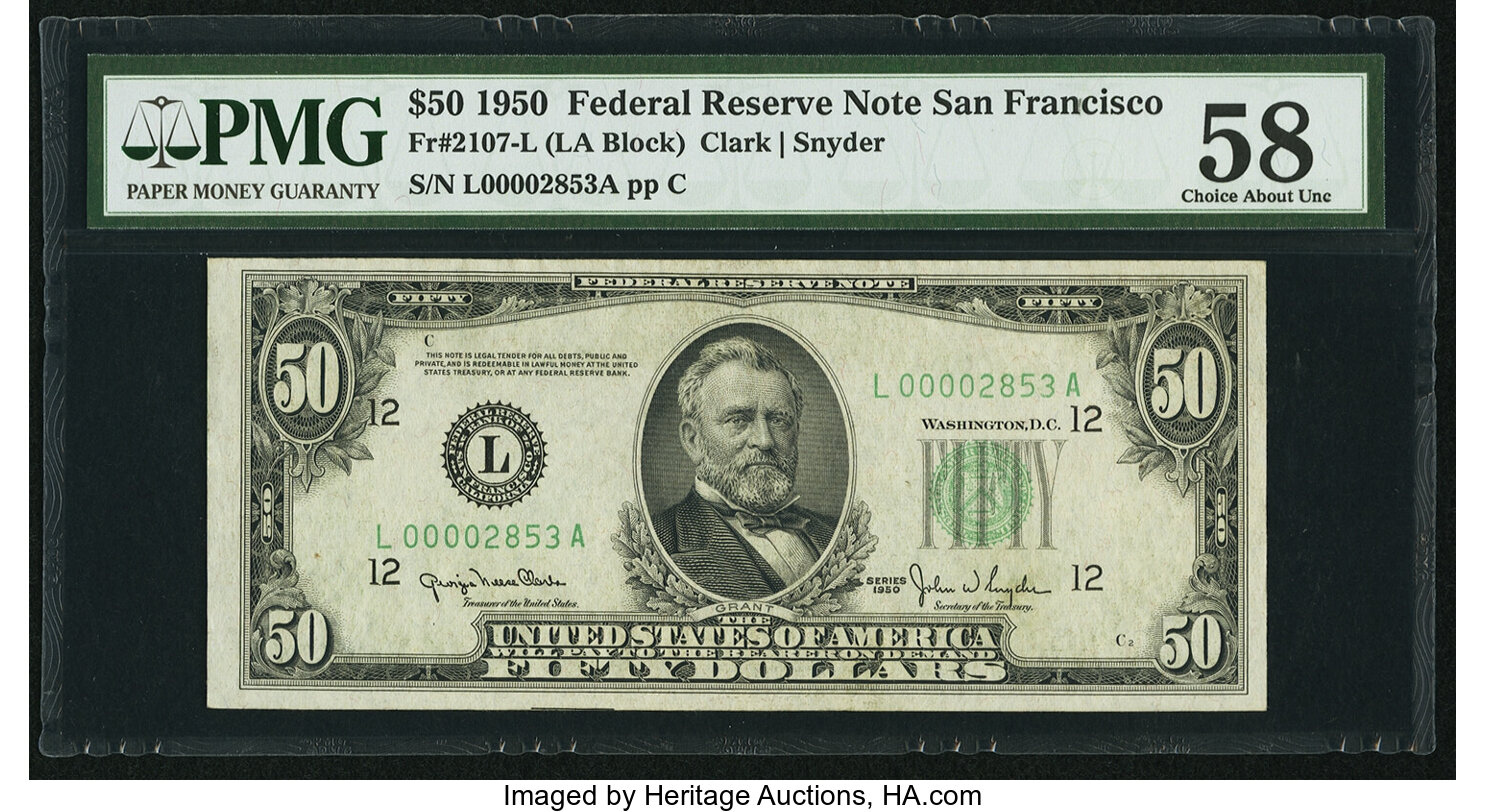 image for: Low Serial Number L00002853A Fr. 2107-L $50 1950 Federal Reserve Note. PMG Choice About Unc 58....