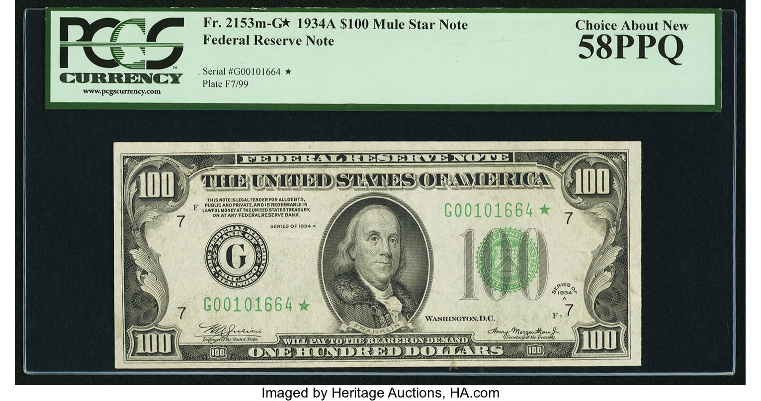image for: Fr. 2153-G* $100 1934A Mule Federal Reserve Star Note. PCGS Choice About New 58PPQ....