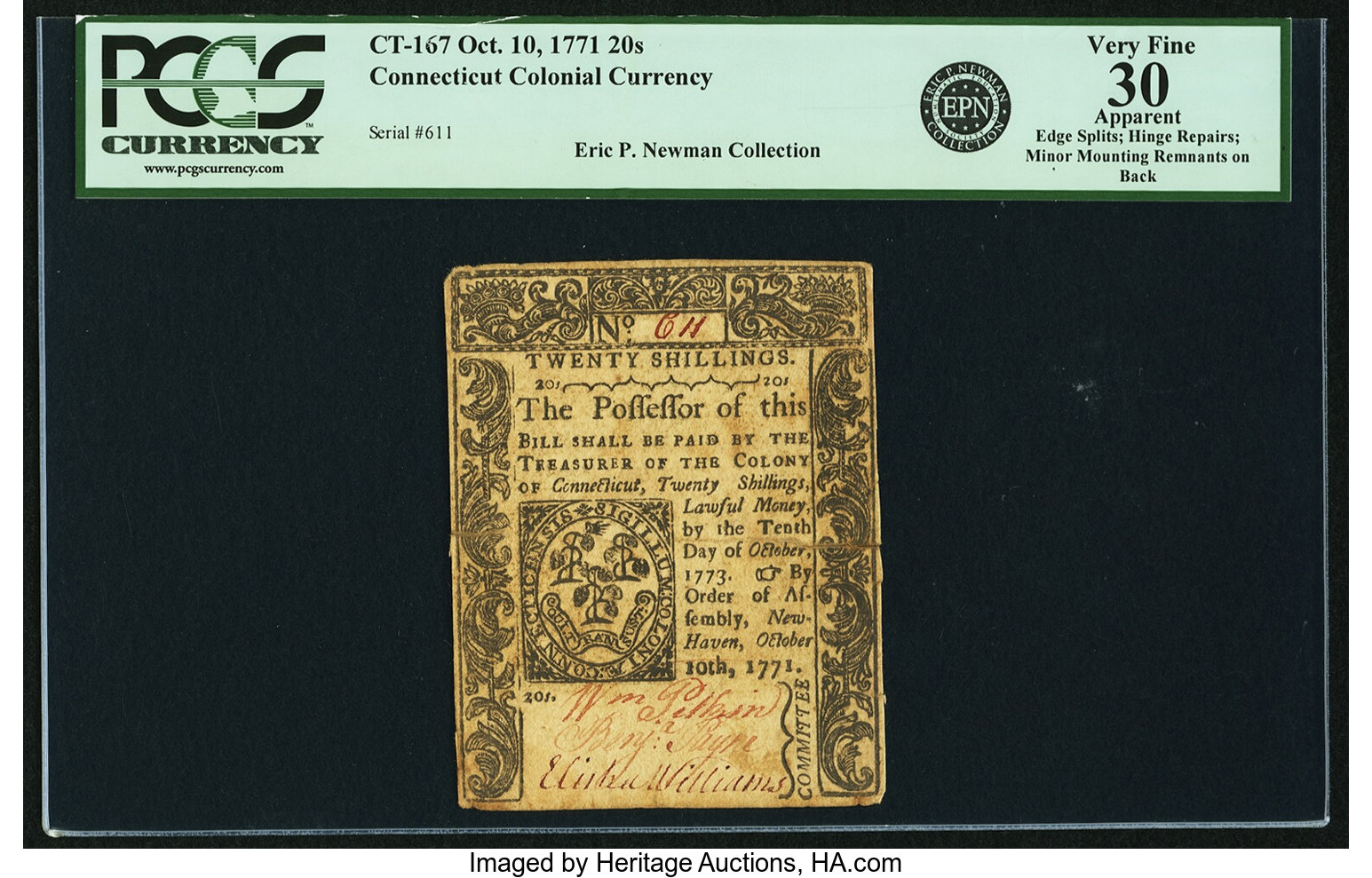 image for: Connecticut October 10, 1771 20s Uncancelled PCGS Apparent Very Fine 30....