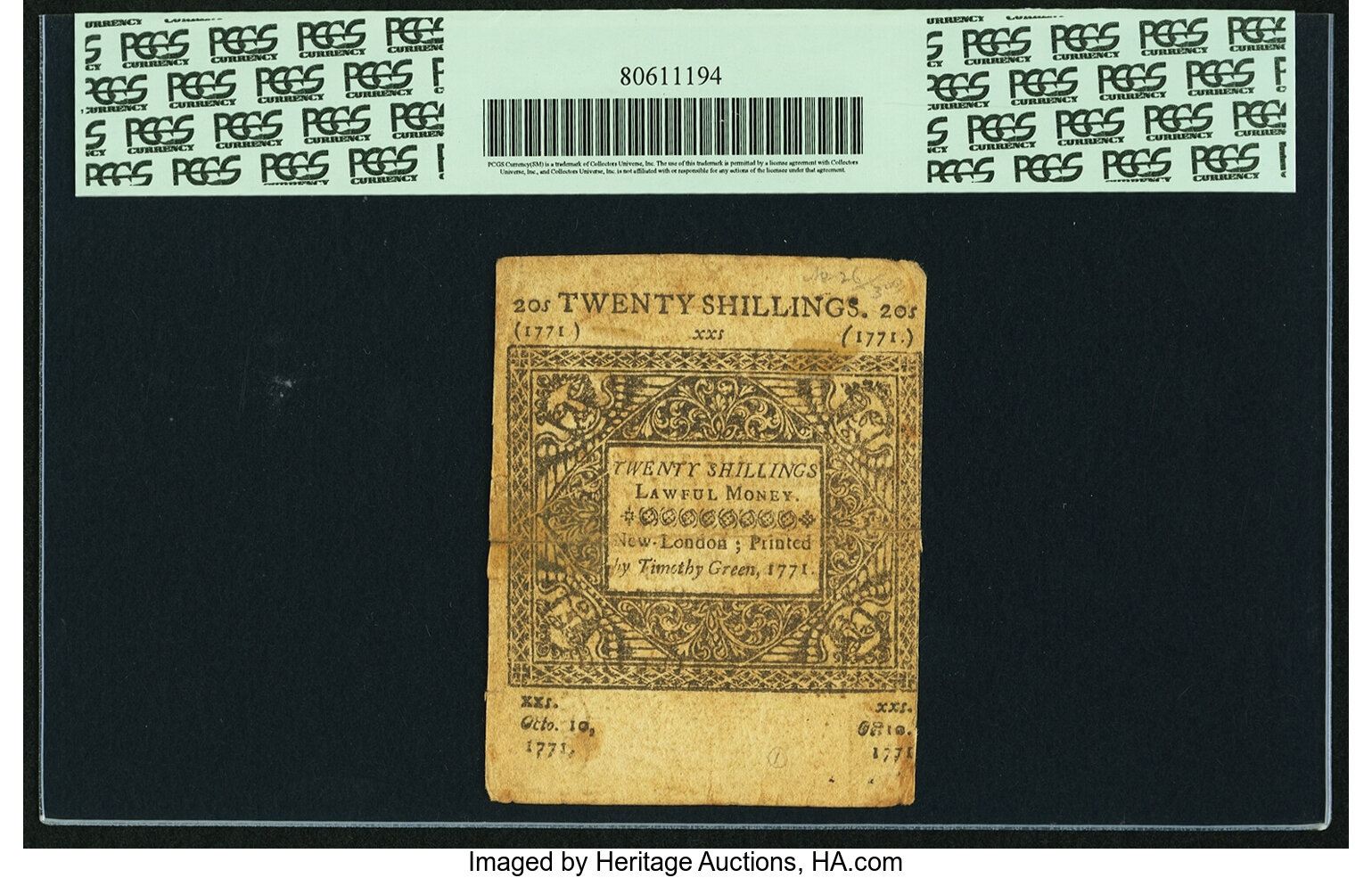 image for: Connecticut October 10, 1771 20s Uncancelled PCGS Apparent Very Fine 30....