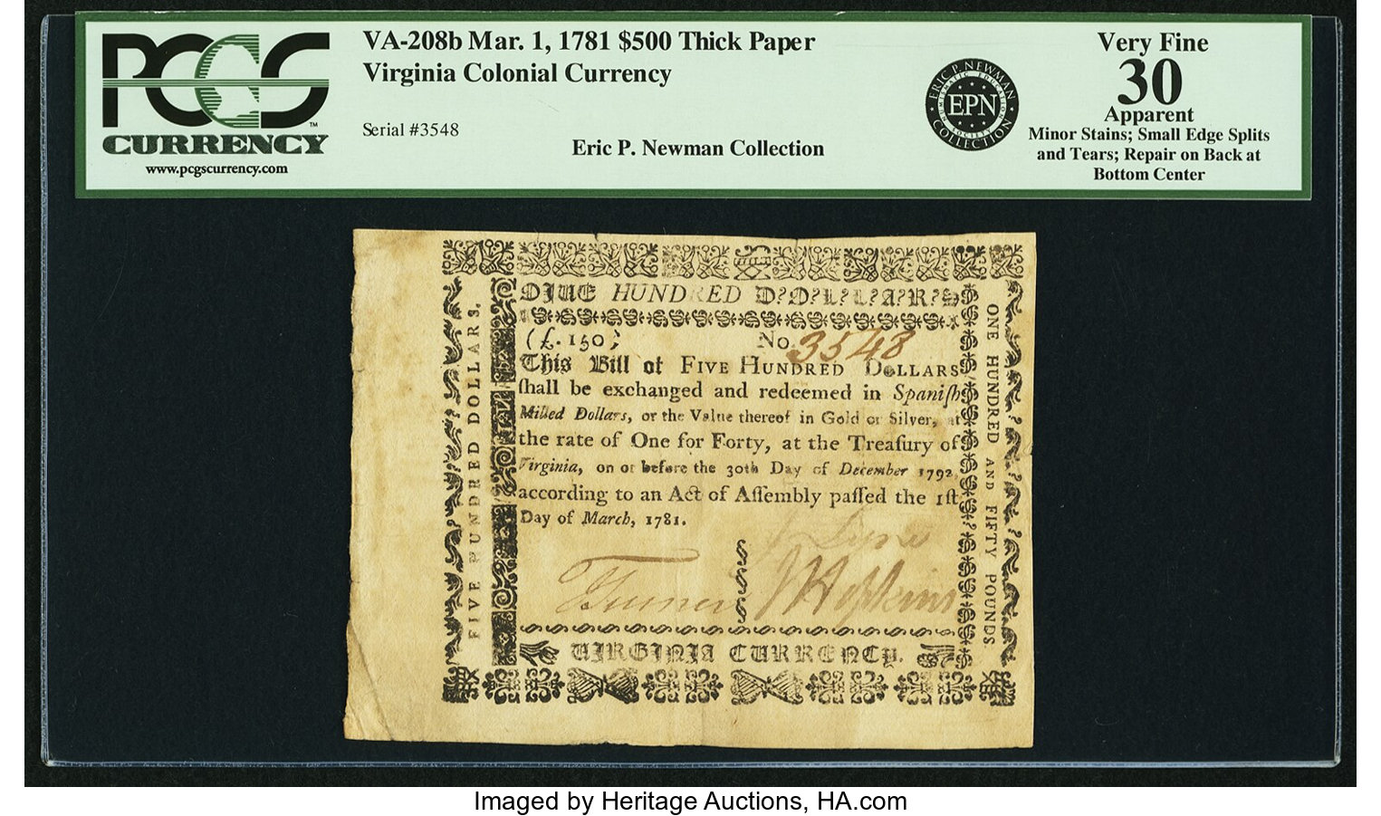 image for: Virginia March 1, 1781 $500 printed on thick laid paper PCGS Apparent Very Fine 30....