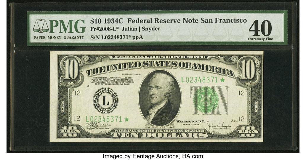 image for: Fr. 2008-L* $10 1934C Federal Reserve Note. PMG Extremely Fine 40....