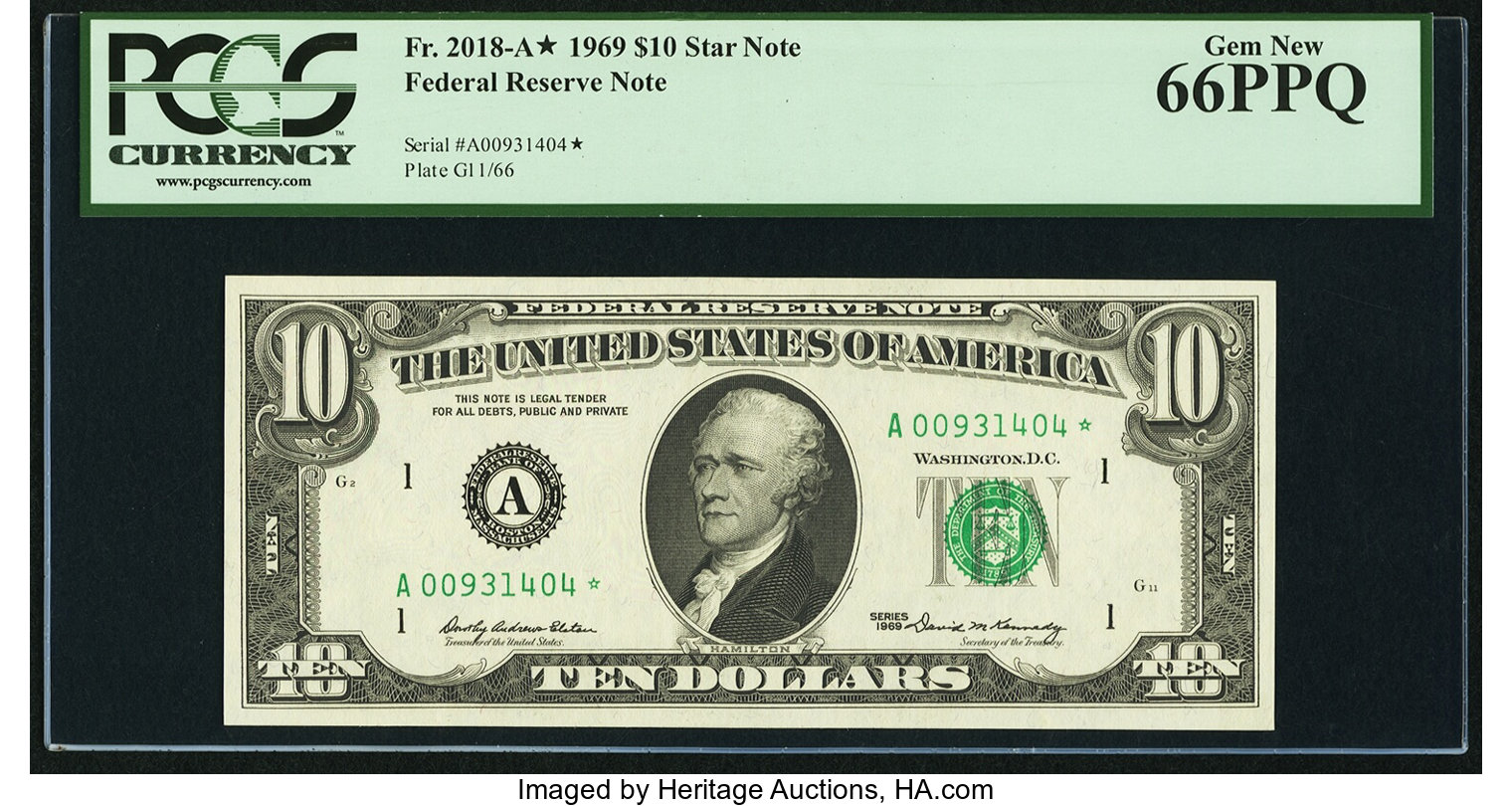 image for: Fr. 2018-A* $10 1969 Federal Reserve Star Note. PCGS Gem New 66PPQ....