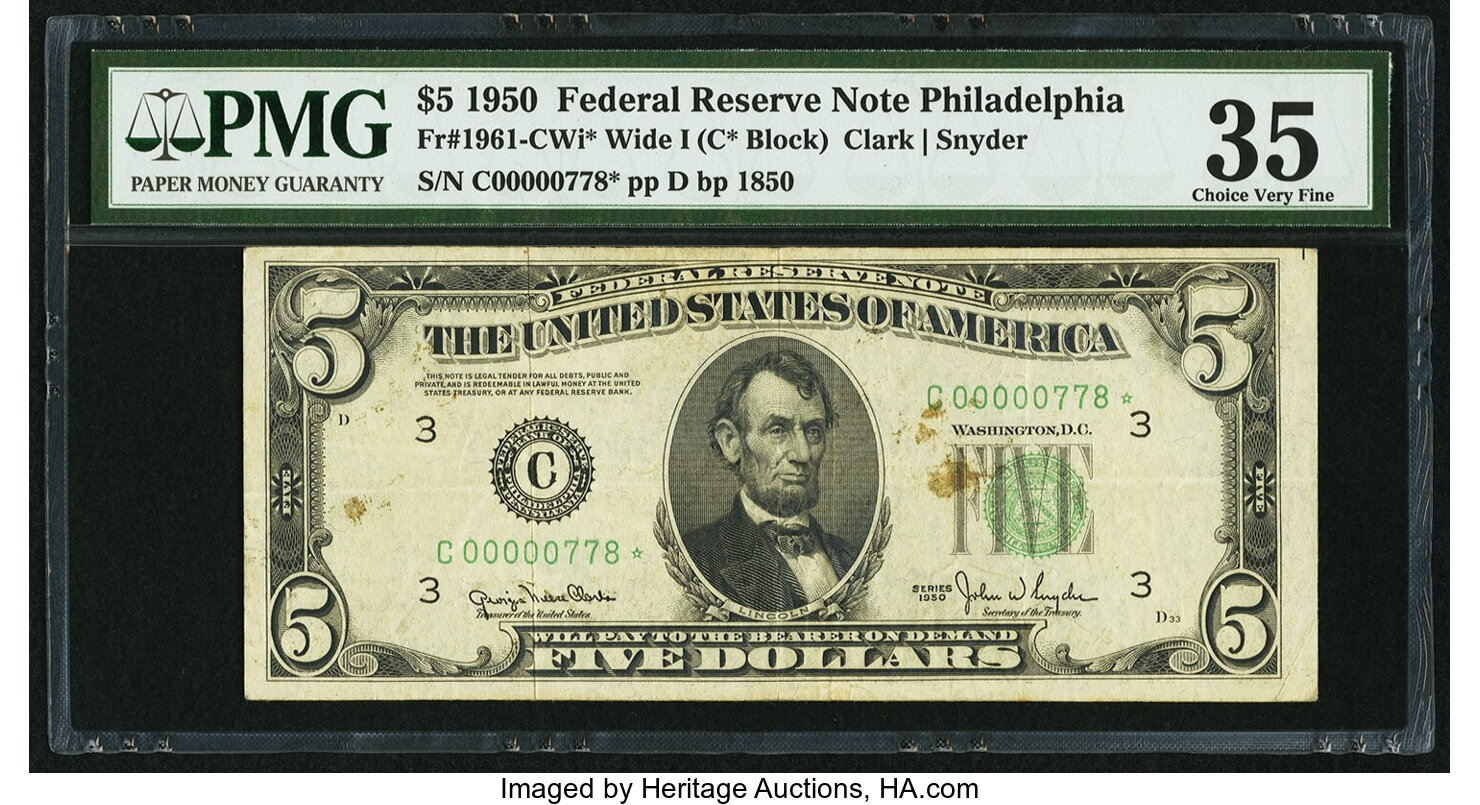 image for: Low Serial Number C00000778* Fr. 1961-C* $5 1950 Wide I Federal Reserve Star Note. PMG Choice Very Fine 35....