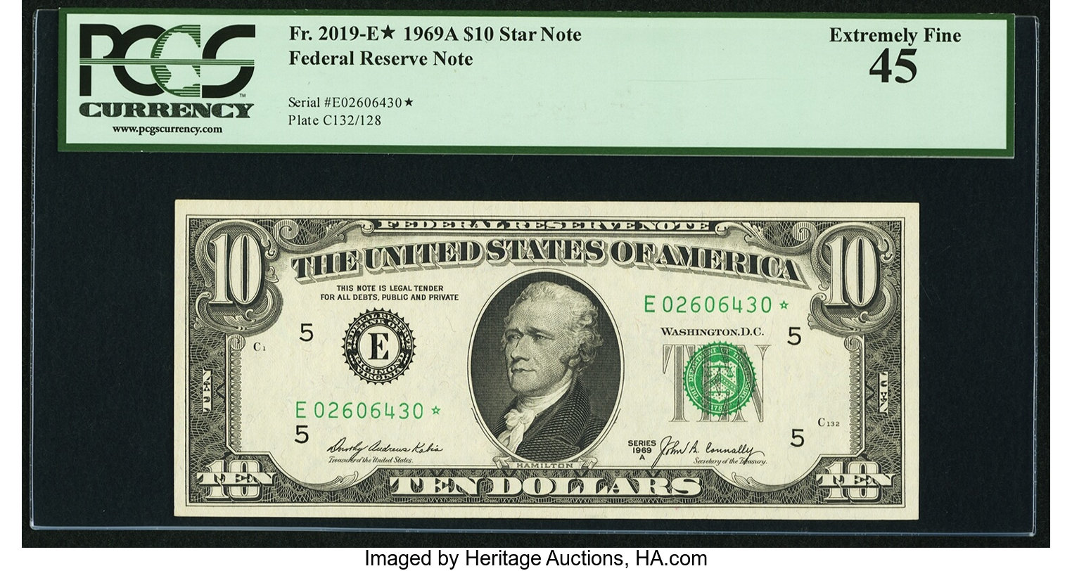image for: Fr. 2019-E* $10 1969A Federal Reserve Star Note. PCGS Extremely Fine 45....