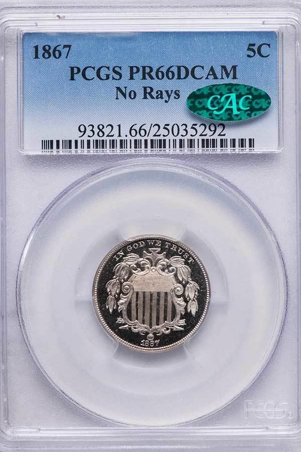 image for: 5C 1867 NO RAYS. PCGS PR66 DCAM CAC