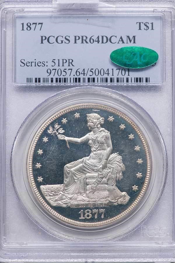image for: T$1 1877 TRADE. PCGS PR64 DCAM CAC