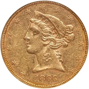 image for: $5 1866-S MOTTO. PCGS AU50