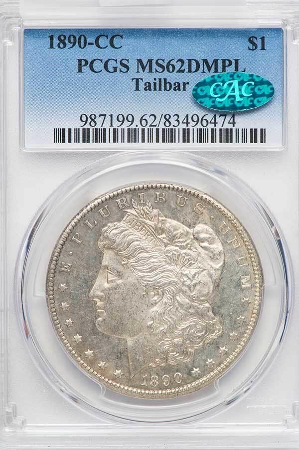 image for: $1 1890-CC TAIL BAR. PCGS MS62 DMPL CAC