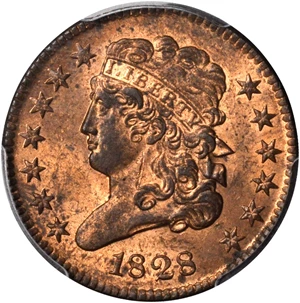 image for: 1828 Classic Head Half Cent. C-3. Rarity-1. 13 Stars. MS-63 RD (PCGS).