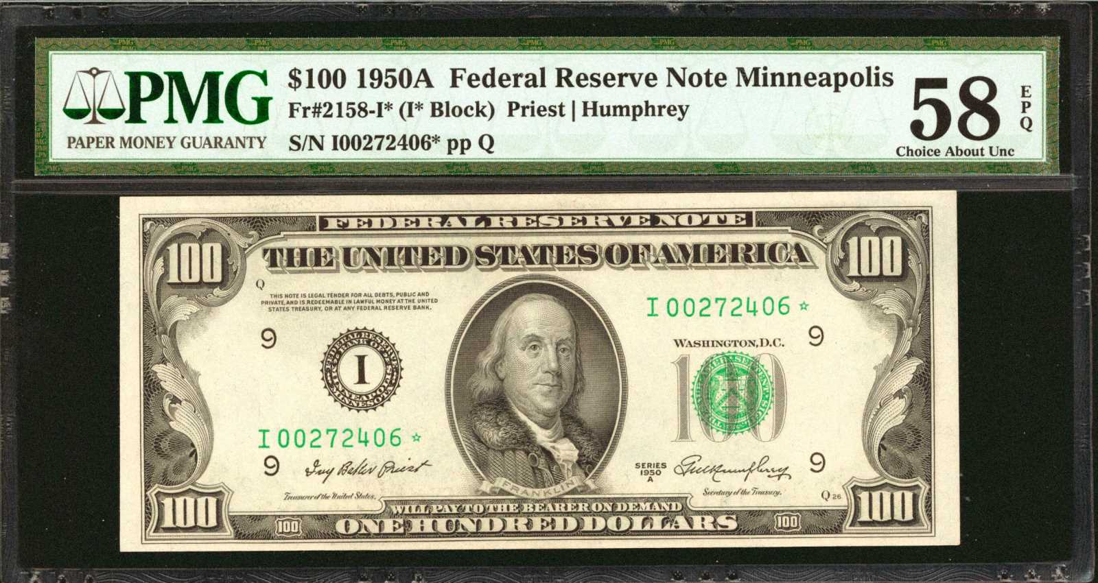1950A $100 Replacement, Minneapolis (Fr. 2158I*)
