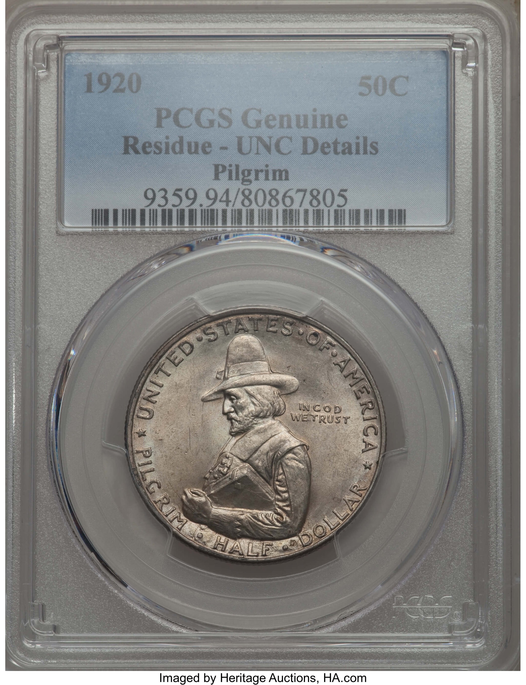 1920 50C Pilgrim -- Residue -- PCGS Genuine. UNC Details. NGC Census: (5/4692). PCGS Population: (24/5892). CDN: $75 Whsle....