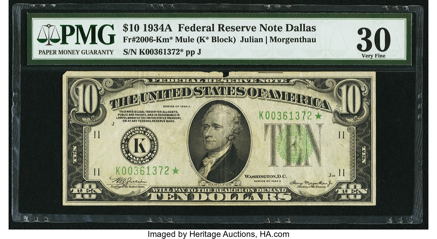 image for: Fr. 2006-K* $10 1934A Federal Reserve Note. PMG Very Fine 30....