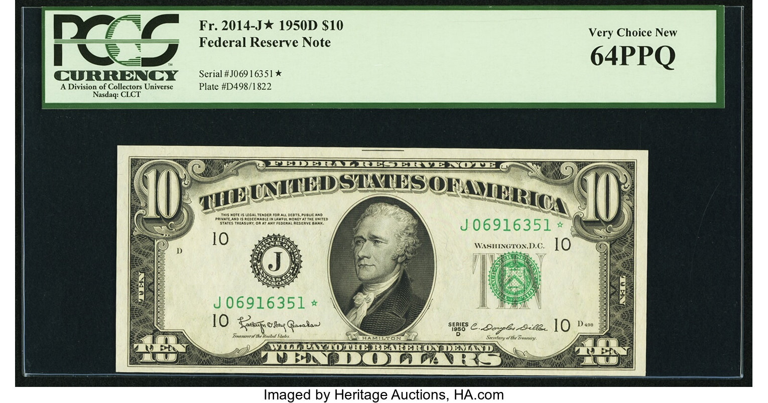 image for: Fr. 2014-J* $10 1950D Federal Reserve Star Note. PCGS Very Choice New 64PPQ....