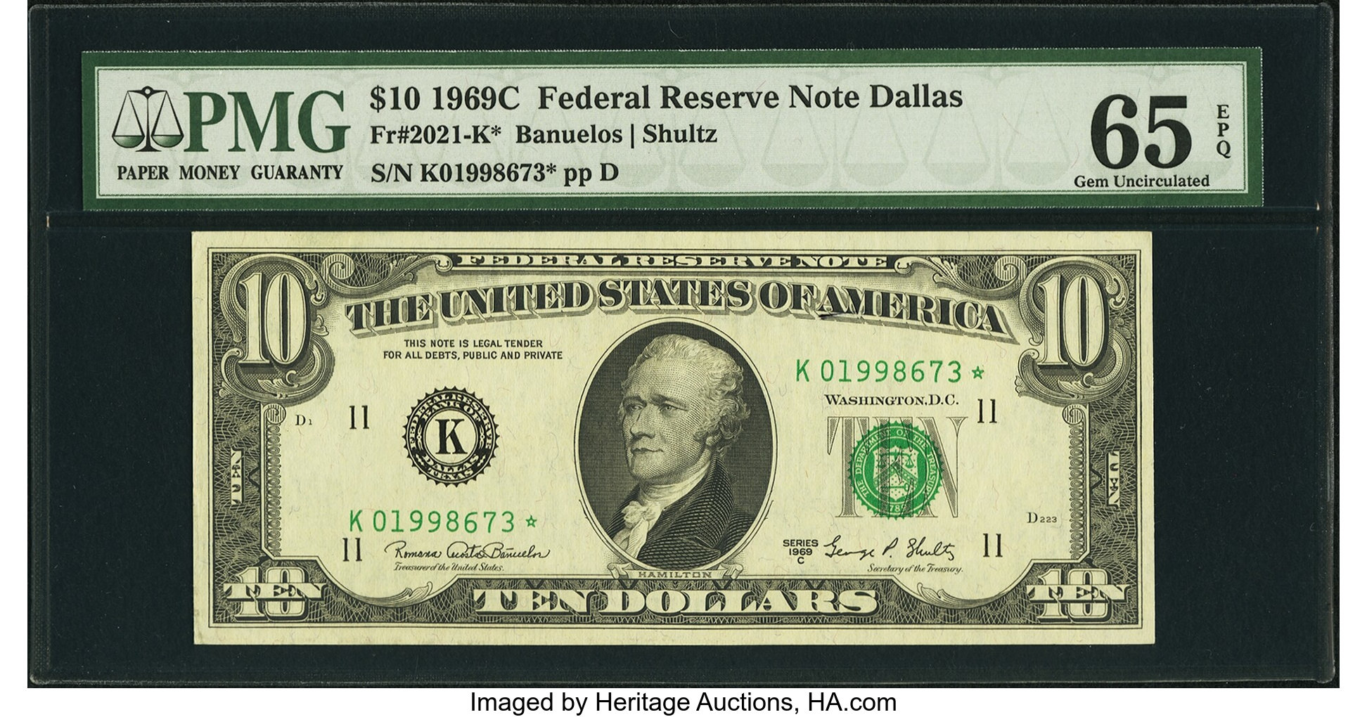image for: Fr. 2021-K* $10 1969C Federal Reserve Star Note. PMG Gem Uncirculated 65 EPQ....