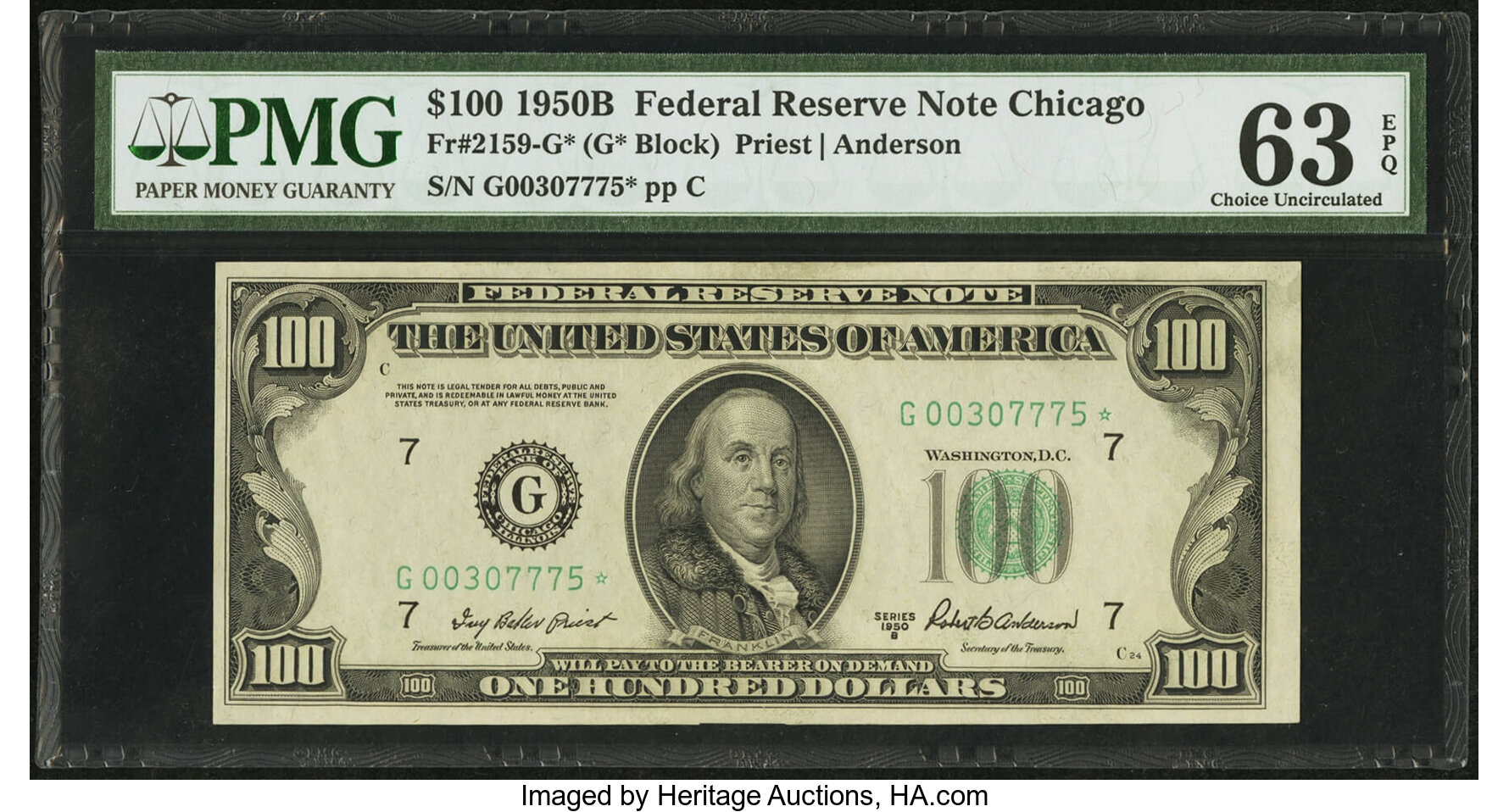 image for: Fr. 2159-G* $100 1950B Federal Reserve Star Note. PMG Choice Uncirculated 63 EPQ....