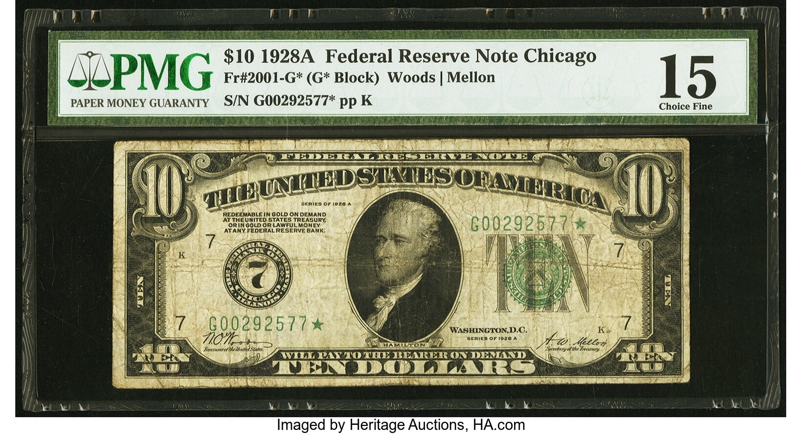 image for: Fr. 2001-G* $10 1928A Federal Reserve Star Note. PMG Choice Fine 15....