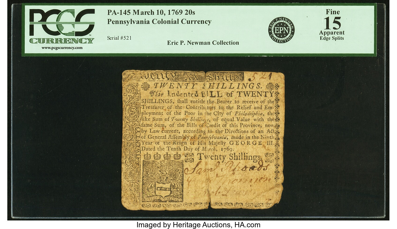 image for: Pennsylvania March 10, 1769 20s PCGS Apparent Fine 15....