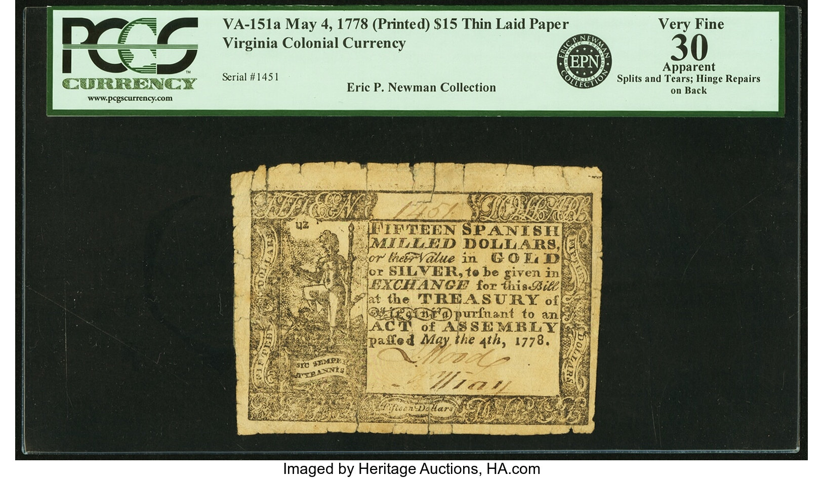 image for: Virginia May 4, 1778 (Dates Printed) $15 PCGS Apparent Very Fine 30....