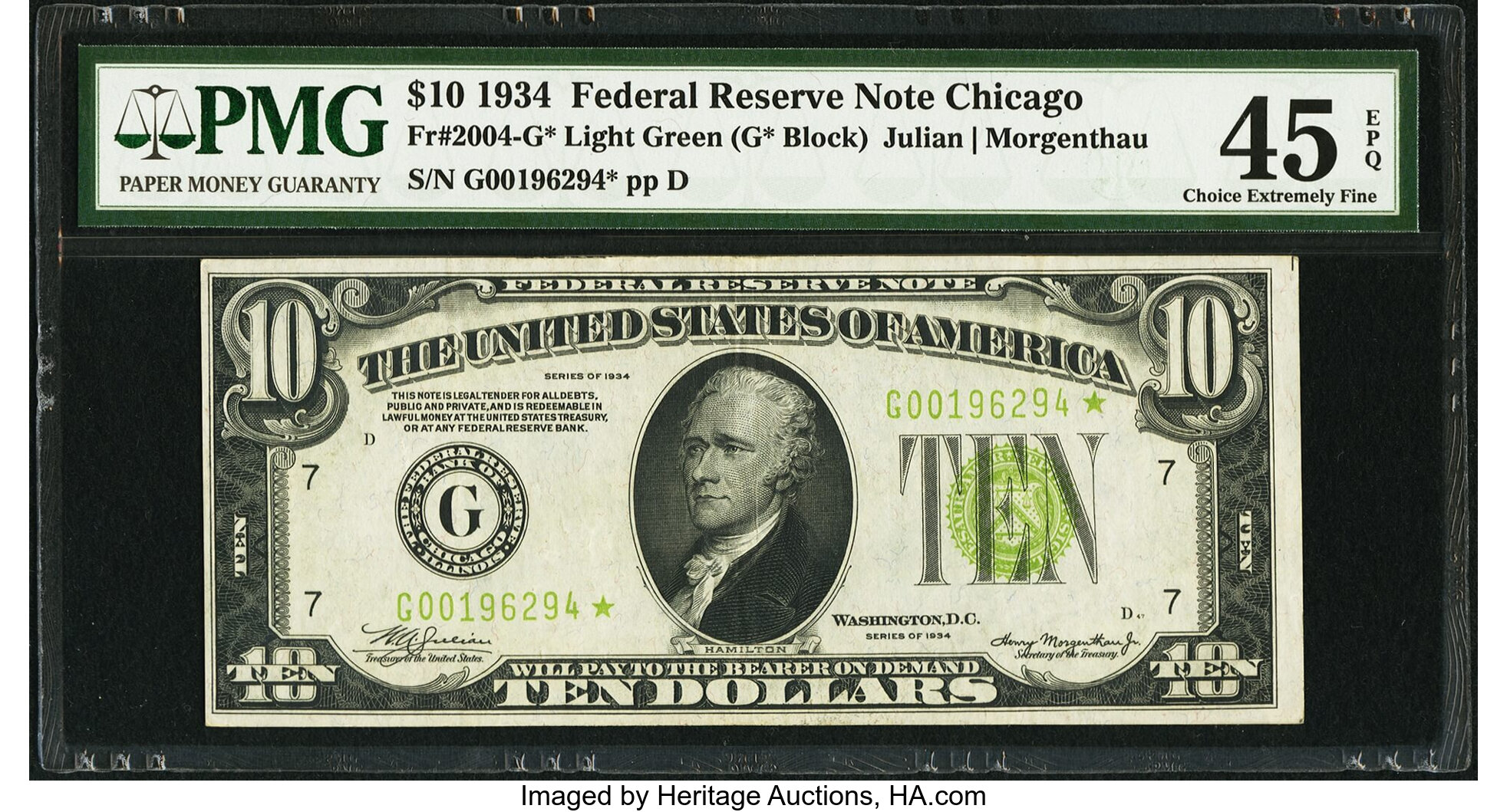 image for: Fr. 2004-G* $10 1934 Light Green Seal Federal Reserve Star Note. PMG Choice Extremely Fine 45 EPQ....