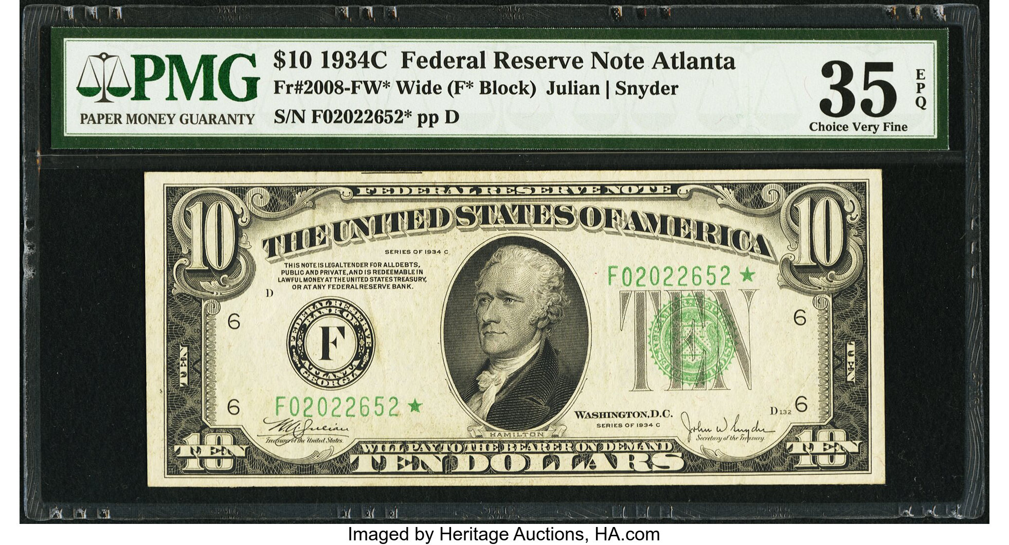 image for: Fr. 2008-F* $10 1934C Federal Reserve Star Note. PMG Choice Very Fine 35 EPQ....