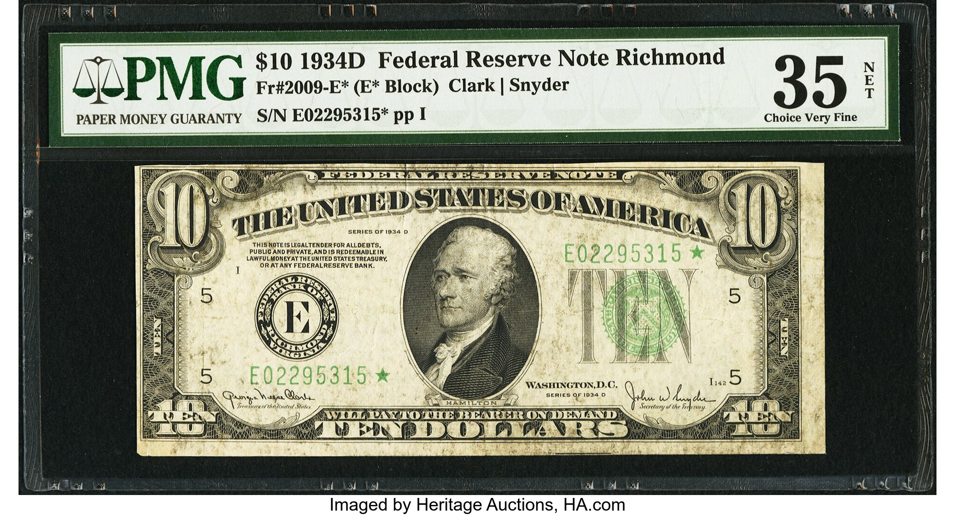 image for: Fr. 2009-E* $10 1934D Federal Reserve Star Note. PMG Choice Very Fine 35 Net....