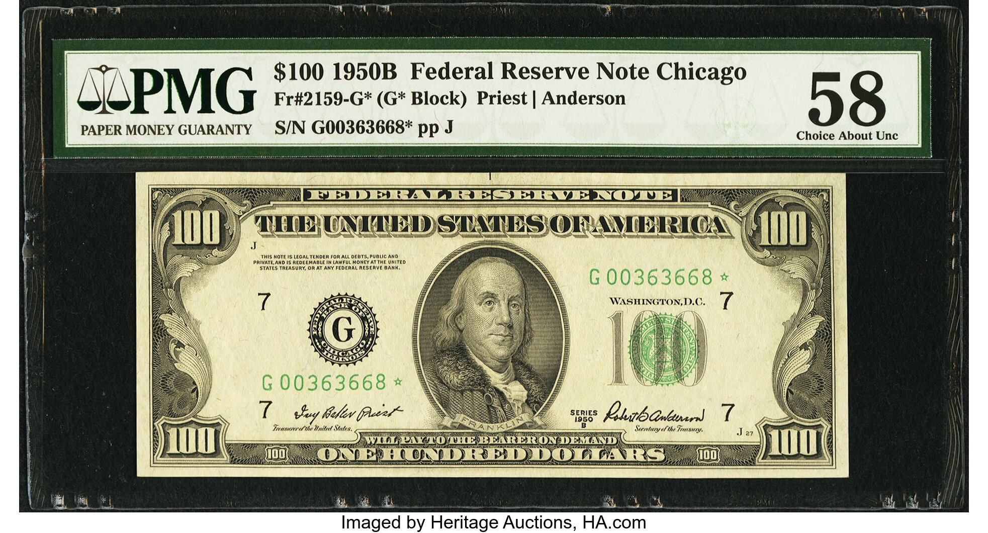 image for: Fr. 2159-G* $100 1950B Federal Reserve Star Note. PMG Choice About Unc 58....