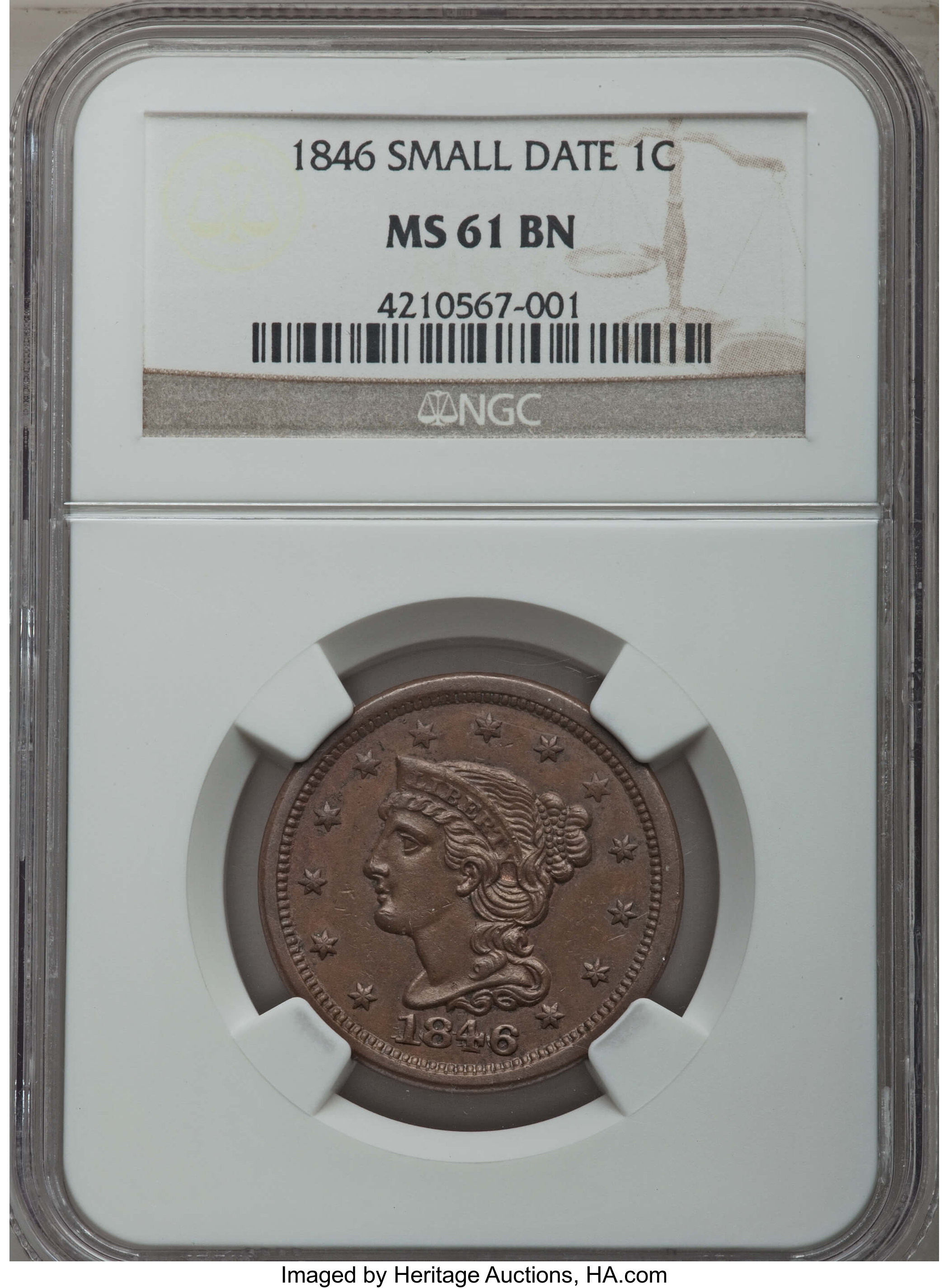 1846 1C Small Date MS61 Brown NGC. NGC Census: (6/92). PCGS Population: (1/110). Mintage 4,120,800. ...
