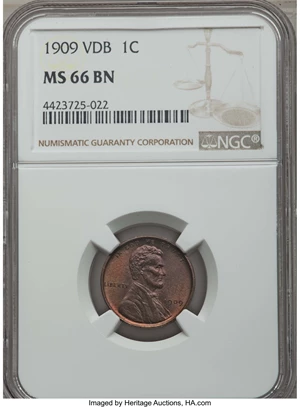image for: 1909 1C VDB MS66 Brown NGC. NGC Census: (31/1). PCGS Population: (18/0). Mintage 27,995,000. ...