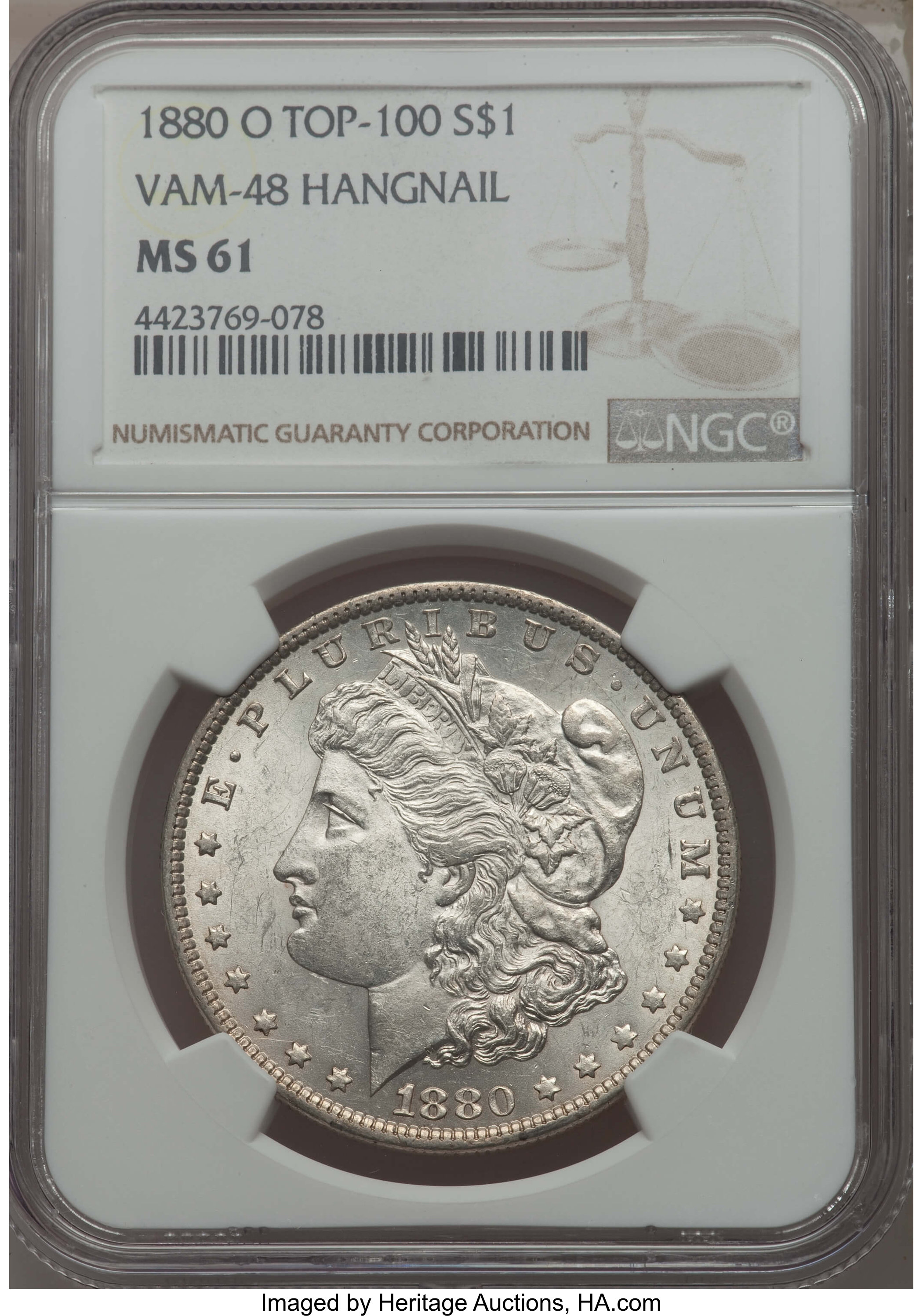 1880-O $1 Hangnail, VAM-48, Top 100 MS61 NGC. NGC Census: (0/0). PCGS Population: (7/55)....