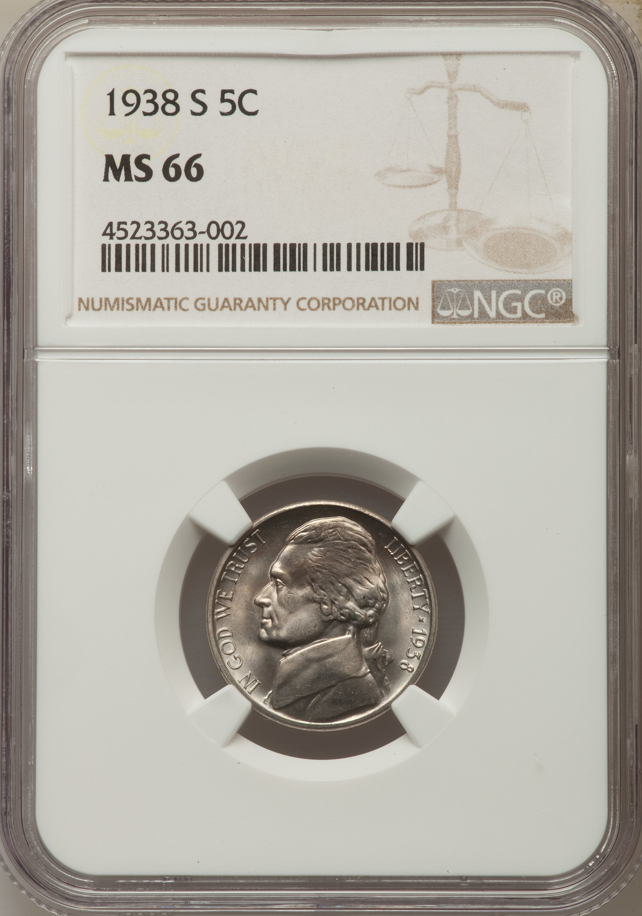 1938-S 5C MS66 NGC. NGC Census: (677/285). PCGS Population: (928/58). CDN: $25 Whsle. Bid for problem-free NGC/PCGS MS66. M...