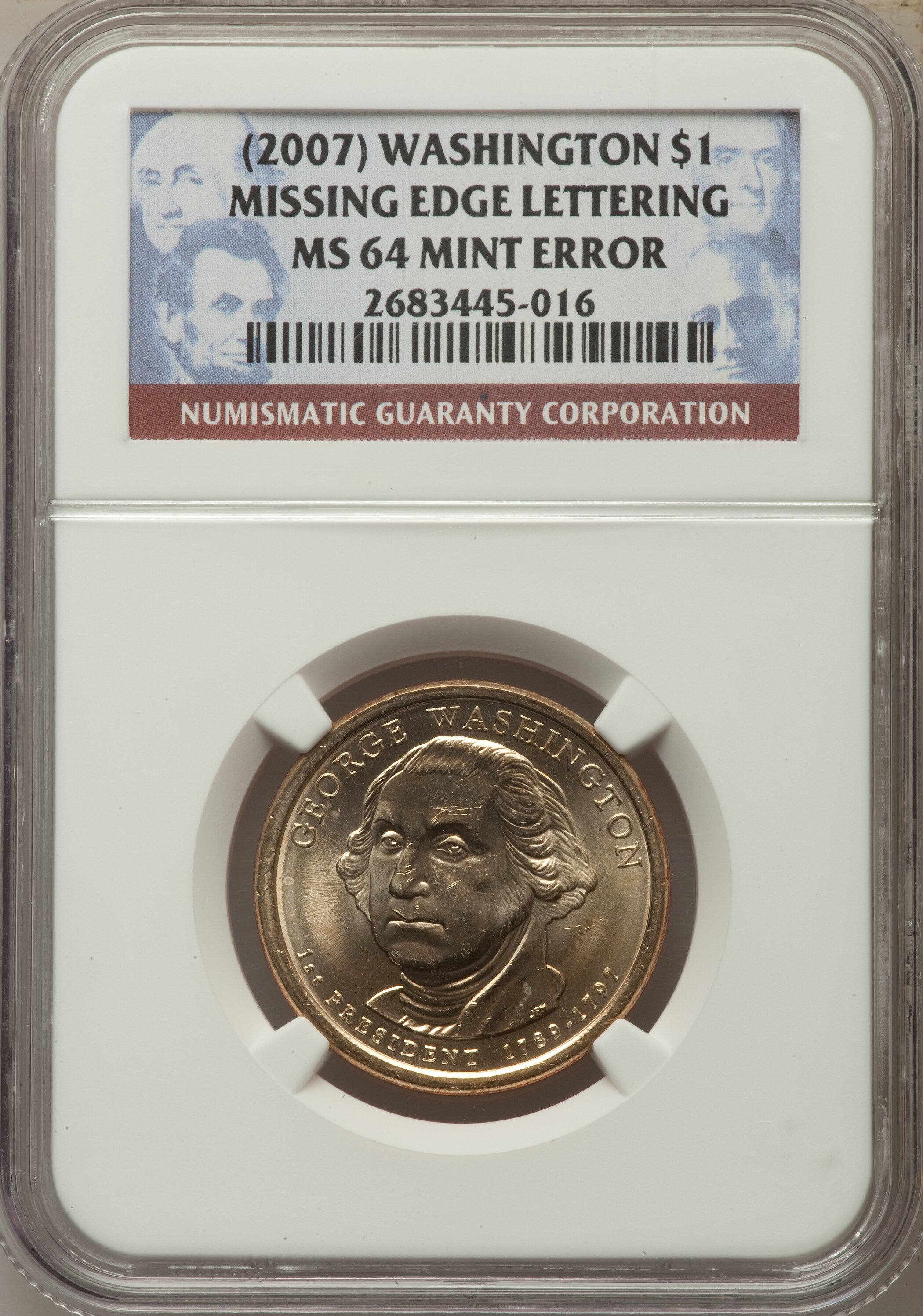 2007 $1 Washington, Missing Edge Lettering MS64 NGC. NGC Census: (13778/29291). PCGS Population: (0/1)....
