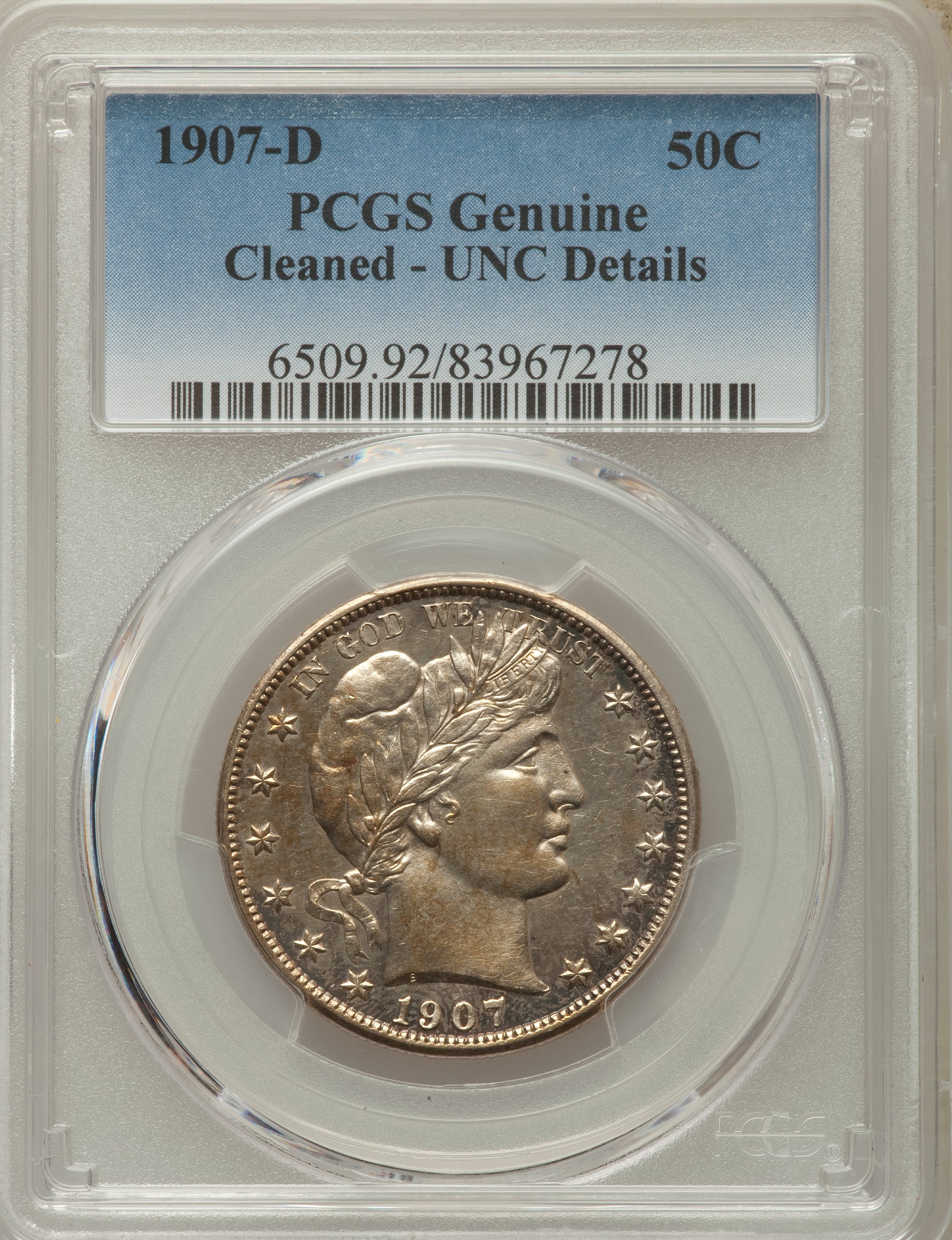 1907-D 50C -- Cleaned -- PCGS Genuine. UNC Details. NGC Census: (0/163). PCGS Population: (2/207). CDN: $480 Whsle. Bid for...