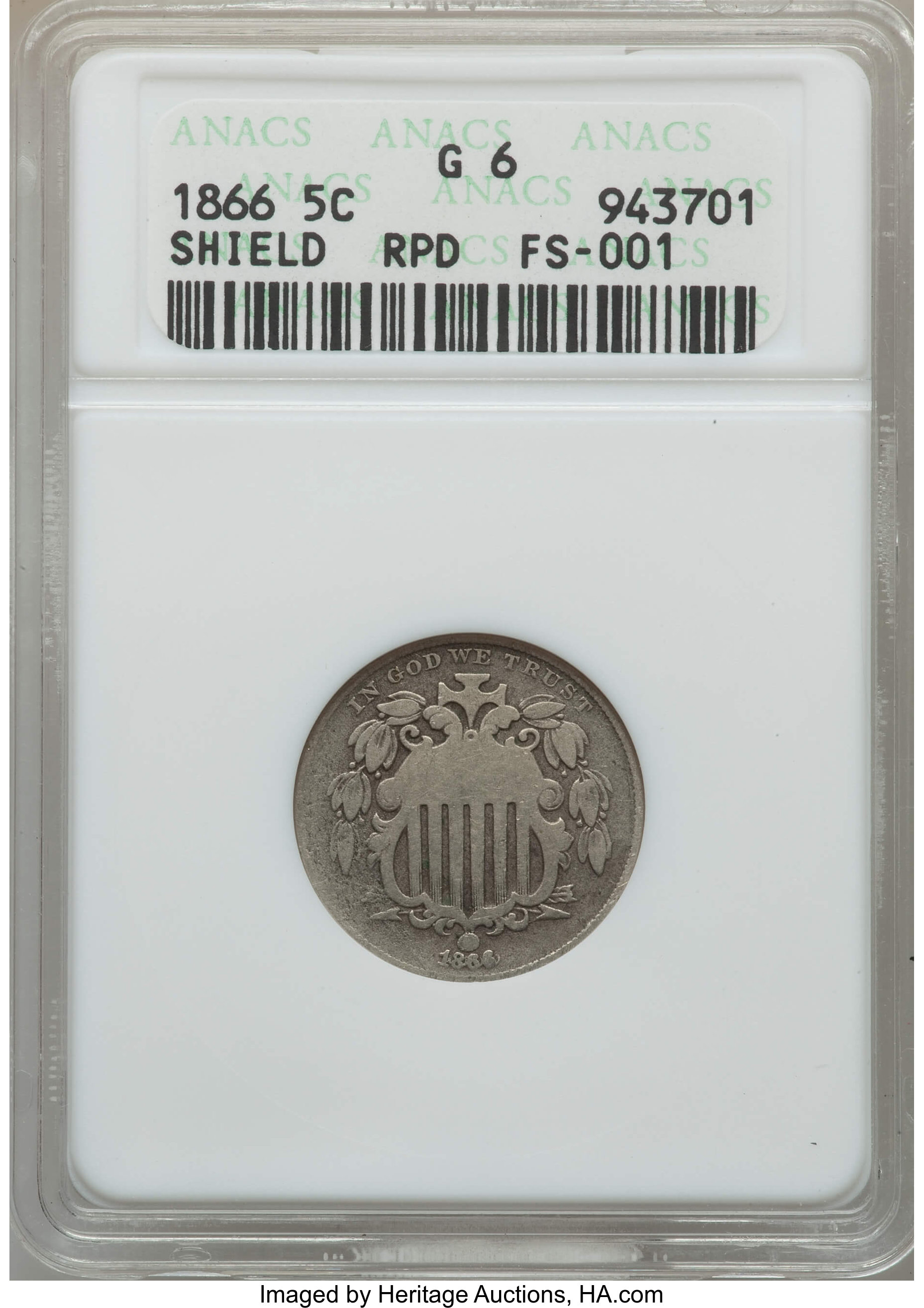 1866 5C Rays Good 6 ANACS. FS-001. NGC Census: (5/1783). PCGS Population: (3/2180). Mintage 14,742,500....