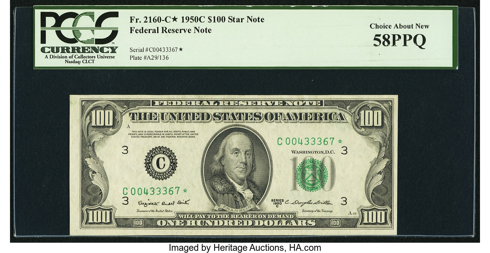 image for: Fr. 2160-C* $100 1950C Federal Reserve Star Note. PCGS Choice About New 58PPQ....