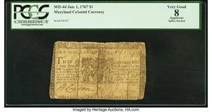 image for: Maryland January 1, 1767 $1 PCGS Apparent Very Good 8....