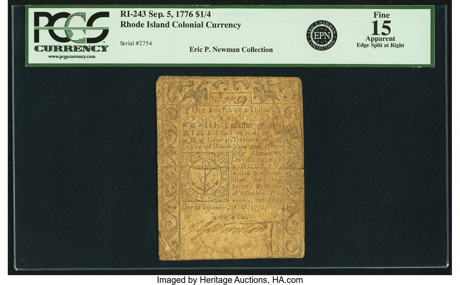 image for: Rhode Island September 5, 1776 $1/4 PCGS Apparent Fine 15....