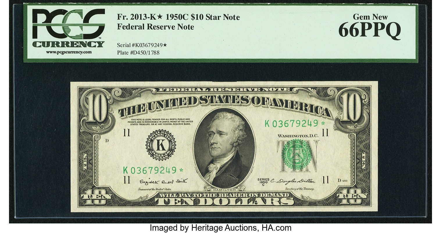 image for: Fr. 2013-K* $10 1950C Federal Reserve Star Note. PCGS Gem New 66PPQ....