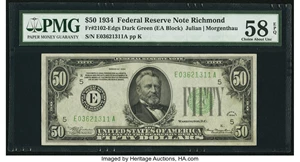image for: Fr. 2102-E $50 1934 Dark Green Seal Federal Reserve Note. PMG Choice About Unc 58 EPQ....