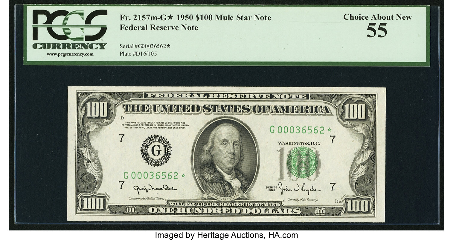 image for: Fr. 2157-G* $100 1950 Mule Federal Reserve Star Note. PCGS Choice About New 55....