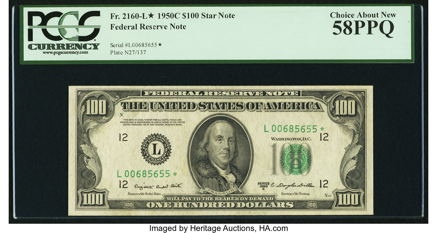 image for: Fr. 2160-L* $100 1950C Federal Reserve Note. PCGS Choice About New 58PPQ....