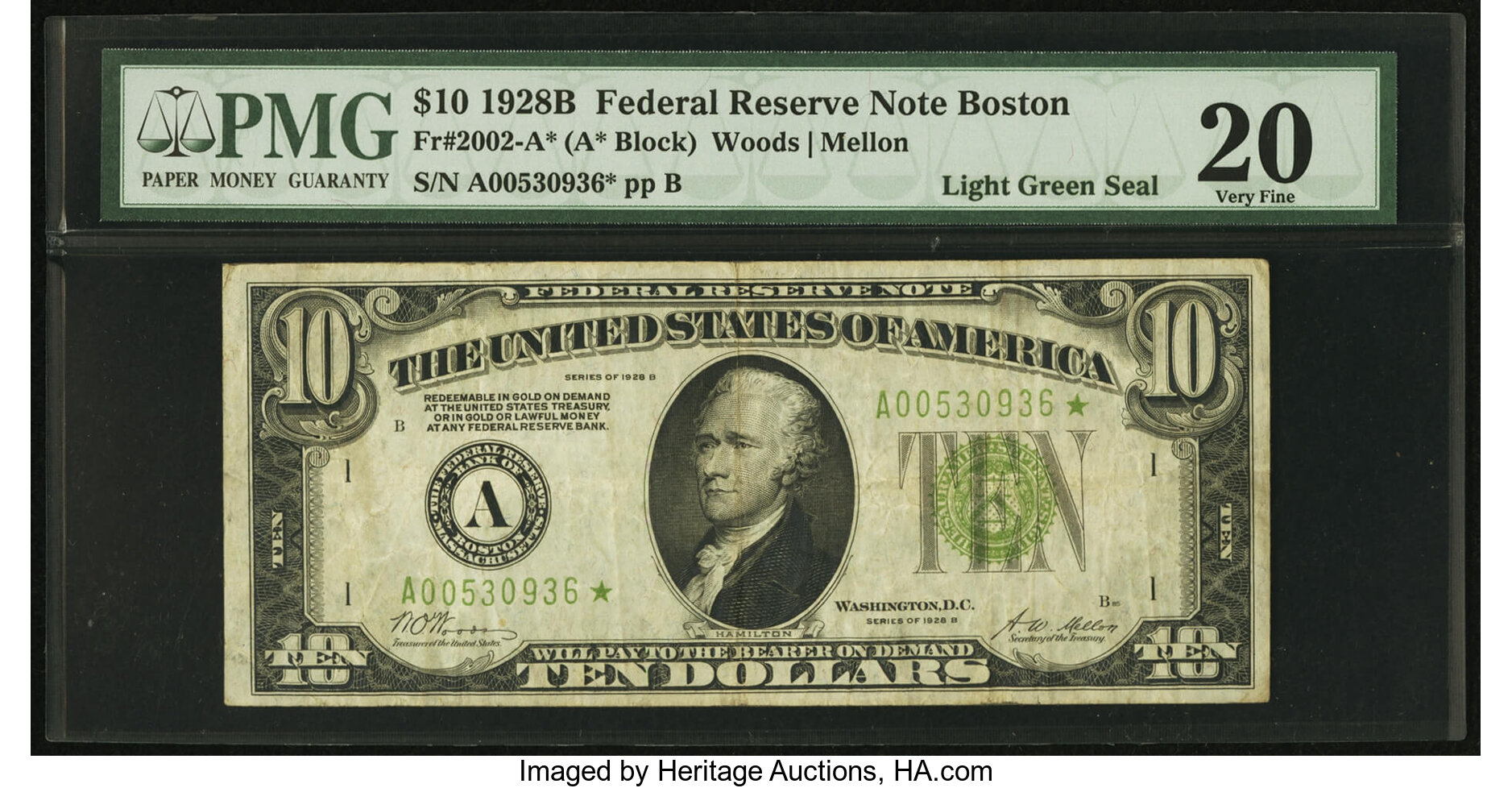 image for: Fr. 2002-A* $10 1928B Light Green Seal Federal Reserve Star Note. PMG Very Fine 20....