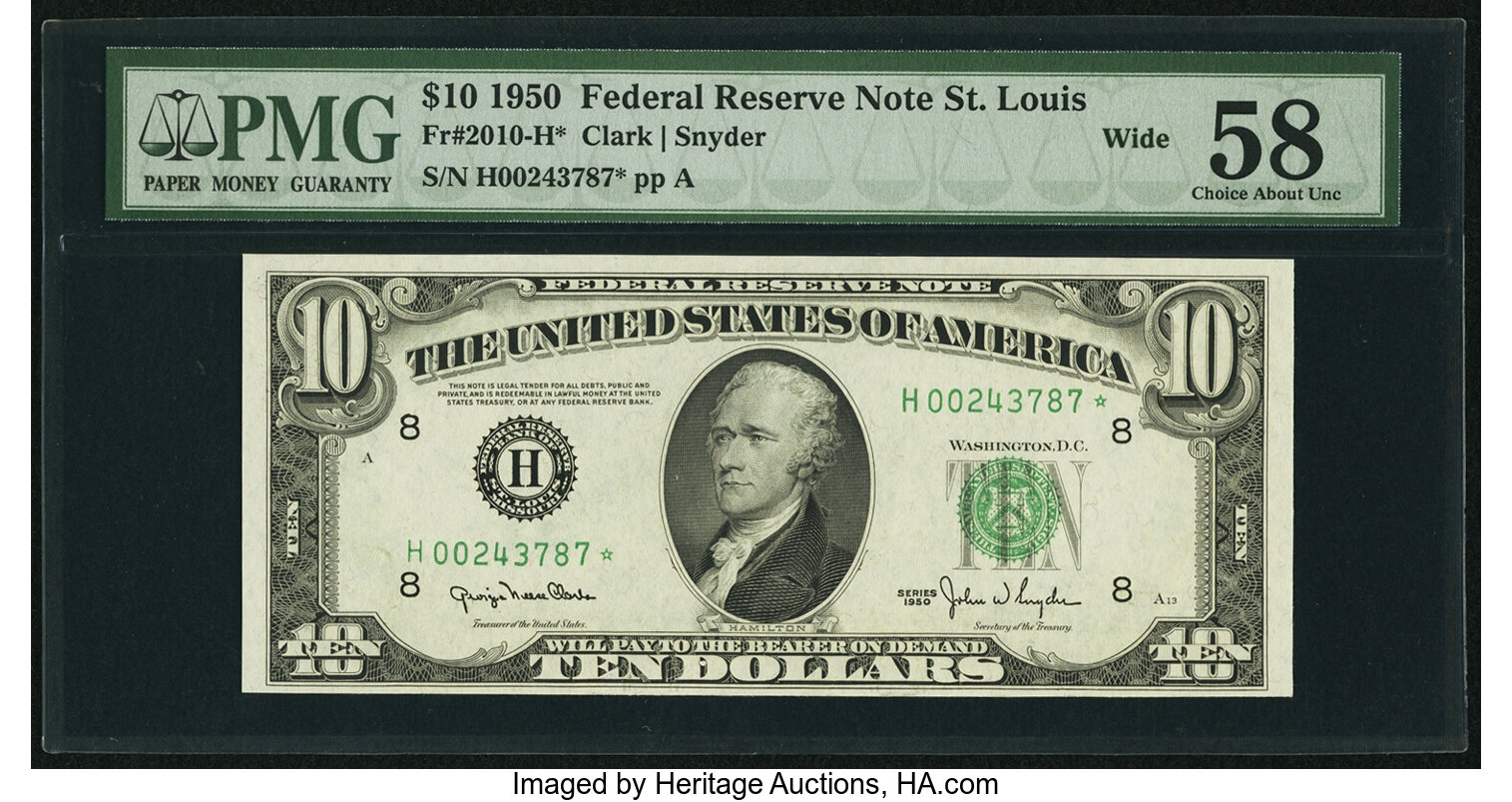 image for: Fr. 2010-H* $10 1950 Wide Federal Reserve Star Note. PMG Choice About Unc 58....
