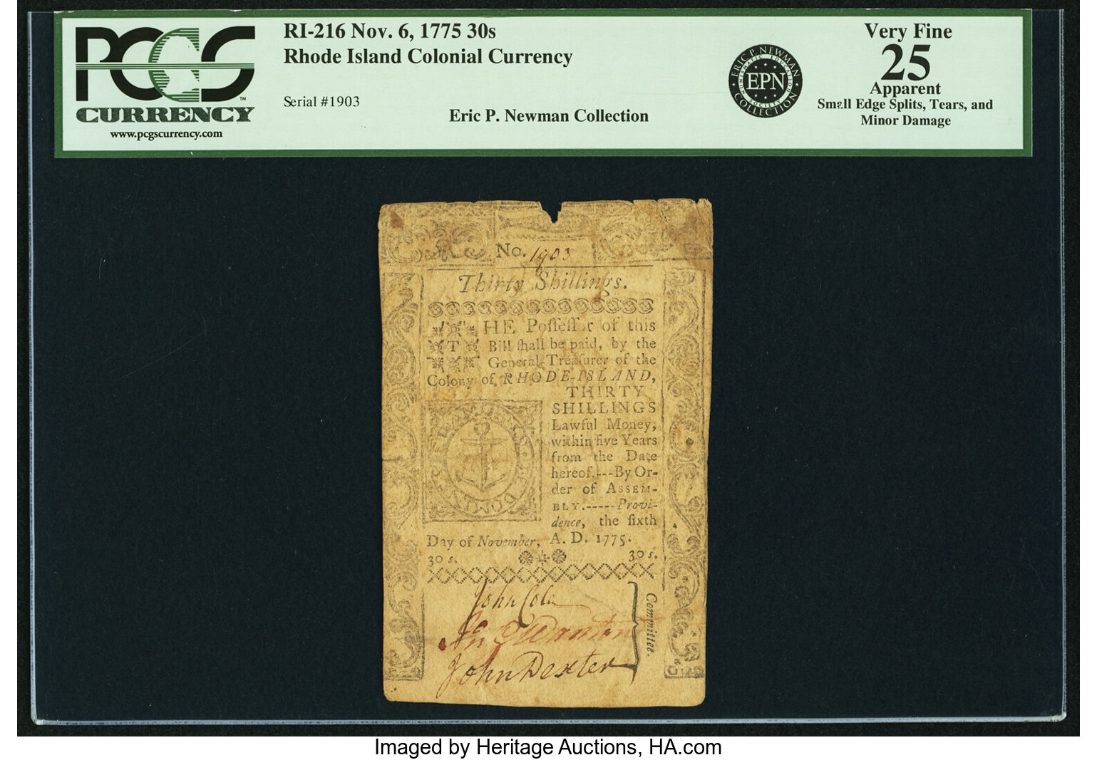 image for: Rhode Island November 6, 1775 30s PCGS Apparent Very Fine 25....