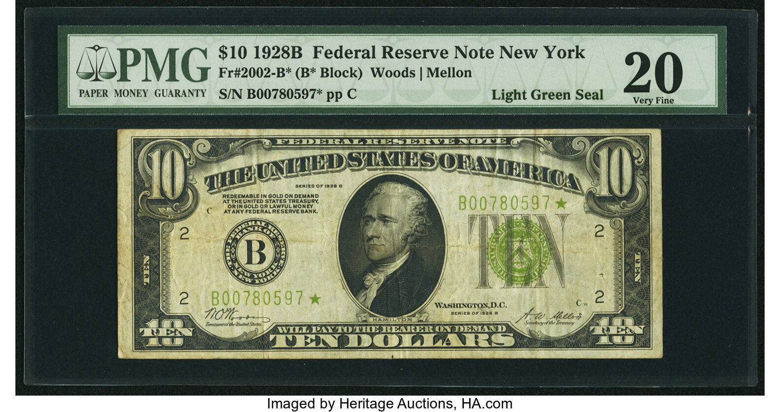 image for: Fr. 2002-B* $10 1928B Light Green Seal Federal Reserve Star Note. PMG Very Fine 20....