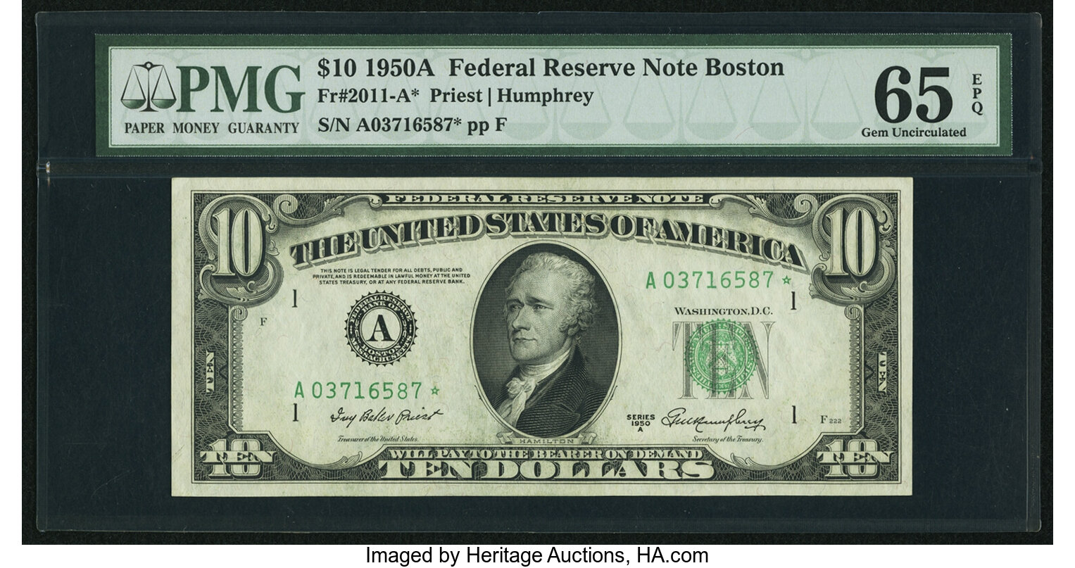 image for: Fr. 2011-A* $10 1950A Federal Reserve Star Note. PMG Gem Uncirculated 65 EPQ....